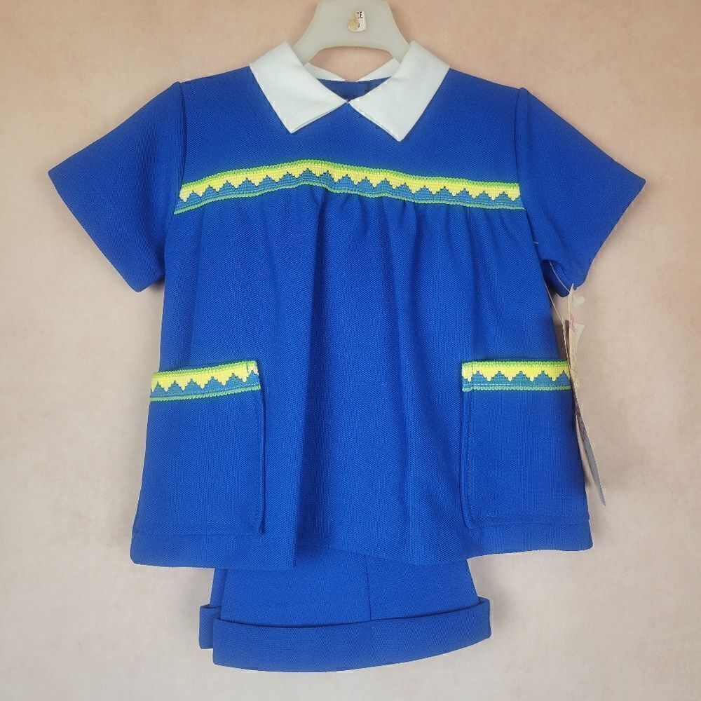 Vintage Toddler Girl Blue Yellow Top Pants Set Easter size 2T